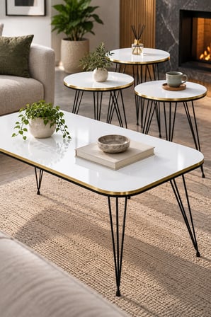 SuloraHome Siyah Tel Ayaklı Beyaz 4'lü Sehpa Seti