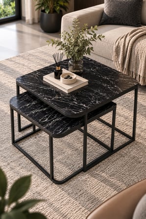 SuloraHome Damla İkili Orta Sehpa Seti Siyah Mermer Desenli
