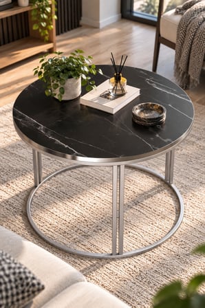 SuloraHome Siyah Mermer Desenli Yuvarlak Orta Sehpa 70 cm