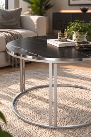 SuloraHome Siyah Mermer Desenli Yuvarlak Orta Sehpa 70 cm