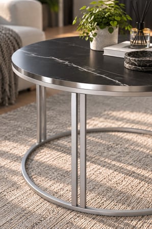 SuloraHome Siyah Mermer Desenli Yuvarlak Orta Sehpa 70 cm