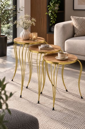 SuloraHome Lükens Ayaklı 3'lü Zigon Sehpa Takımı Çam Kahverengi