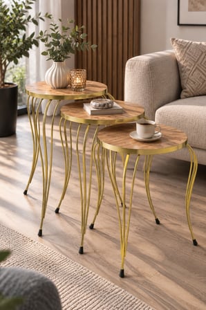 SuloraHome Lükens Ayaklı 3'lü Zigon Sehpa Takımı Çam Kahverengi