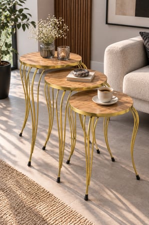 SuloraHome Lükens Ayaklı 3'lü Zigon Sehpa Takımı Çam Kahverengi