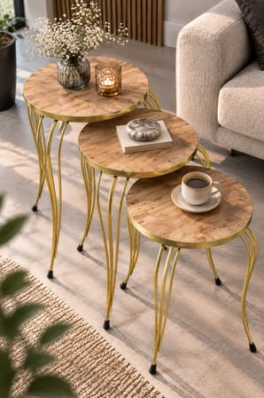 SuloraHome Lükens Ayaklı 3'lü Zigon Sehpa Takımı Çam Kahverengi