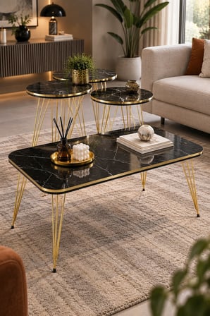 SuloraHome Gold Tel 4'lü Sehpa Seti Siyah Mermer Desenli