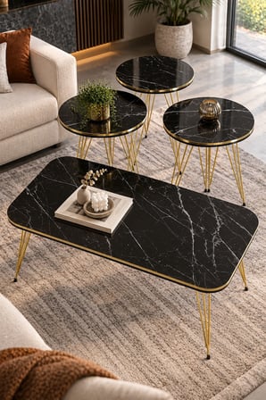 SuloraHome Gold Tel 4'lü Sehpa Seti Siyah Mermer Desenli