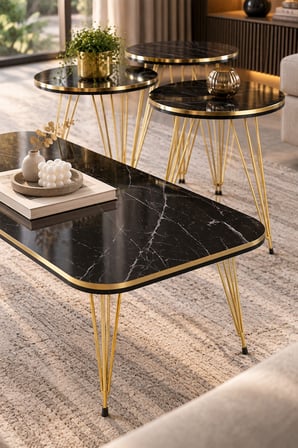 SuloraHome Gold Tel 4'lü Sehpa Seti Siyah Mermer Desenli