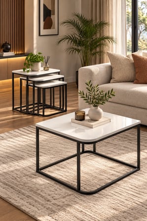 SuloraHome Damla Sehpa Seti Beyaz ve Siyah Metal Ayaklı