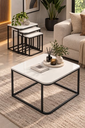 SuloraHome Damla Sehpa Seti Beyaz ve Siyah Metal Ayaklı