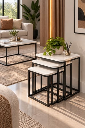 SuloraHome Damla Sehpa Seti Beyaz ve Siyah Metal Ayaklı
