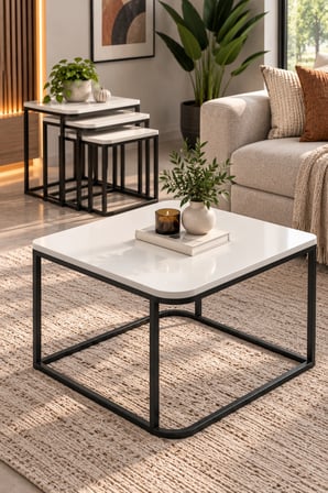 SuloraHome Damla Sehpa Seti Beyaz ve Siyah Metal Ayaklı