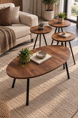 SuloraHome Ceviz Desenli Metal Ayaklı 4'lü Sehpa Seti