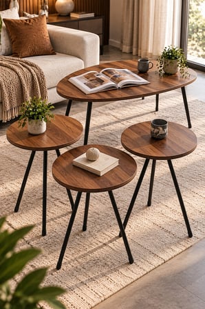 SuloraHome Ceviz Desenli Metal Ayaklı 4'lü Sehpa Seti