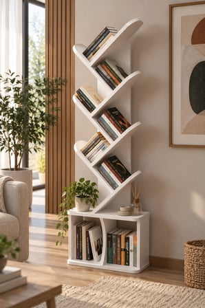 SuloraHome Yaprak Tasarımlı Beyaz Kitaplık 45x132 cm