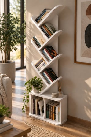 SuloraHome Yaprak Tasarımlı Beyaz Kitaplık 45x132 cm