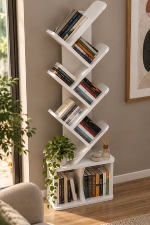 SuloraHome Yaprak Tasarımlı Beyaz Kitaplık 45x132 cm