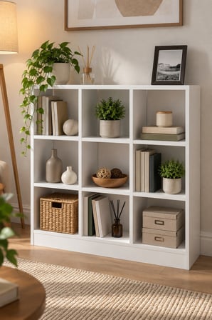 SuloraHome 9 Bölmeli Beyaz Çok Amaçlı Kitaplık ve Raf Dolabı