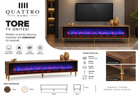 Tore Şömineli TV Ünitesi Ceviz Gold Detaylı Modern Tasarım 160 cm