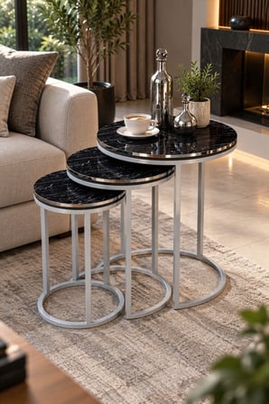 SuloraHome Siyah Mermer Desenli Gümüş C Ayaklı 3'lü Zigon Sehpa Takımı