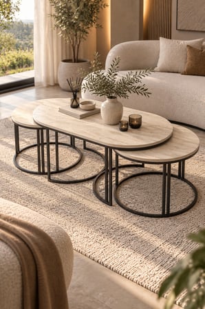 SuloraHome Bej 3'lü Oval Sehpa Seti