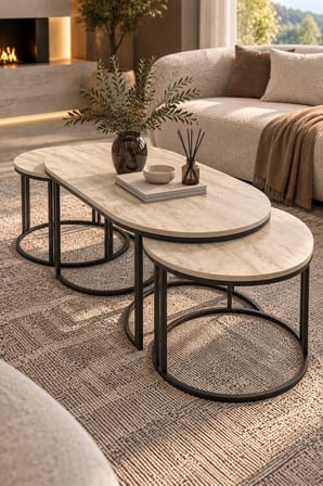 SuloraHome Bej 3'lü Oval Sehpa Seti