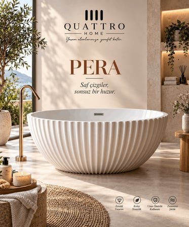 Pera Beyaz Serbest Duran Akrilik Küvet – 180 × 100 × 60 cm