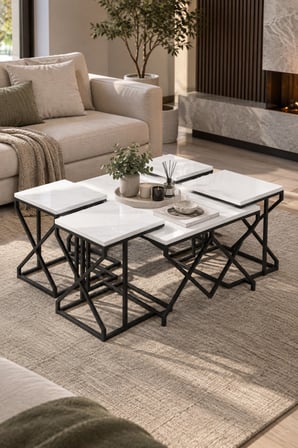 SuloraHome 5'li Beyaz Mermer Görünümlü Sehpa Seti Metal Ayaklı