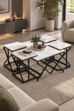 SuloraHome 5'li Beyaz Mermer Görünümlü Sehpa Seti Metal Ayaklı