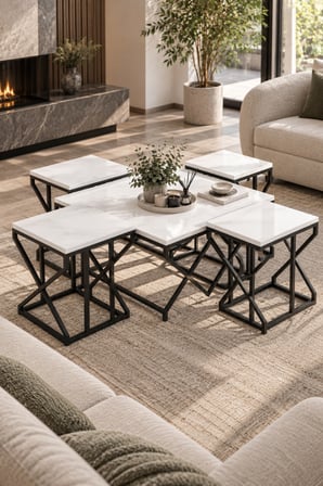 SuloraHome 5'li Beyaz Mermer Görünümlü Sehpa Seti Metal Ayaklı