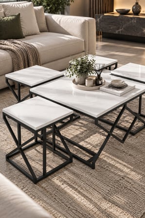 SuloraHome 5'li Beyaz Mermer Görünümlü Sehpa Seti Metal Ayaklı