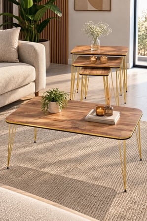 SuloraHome Ceviz Desenli Gold Tel Ayaklı 4'lü Sehpa Seti