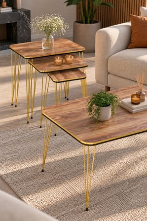 SuloraHome Ceviz Desenli Gold Tel Ayaklı 4'lü Sehpa Seti