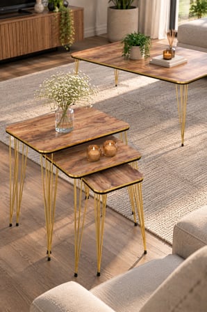 SuloraHome Ceviz Desenli Gold Tel Ayaklı 4'lü Sehpa Seti