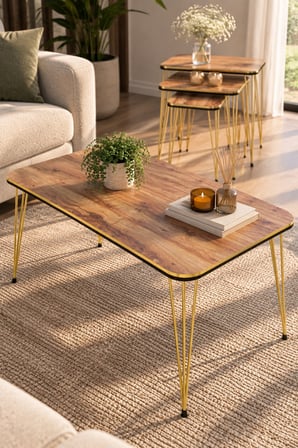 SuloraHome Ceviz Desenli Gold Tel Ayaklı 4'lü Sehpa Seti