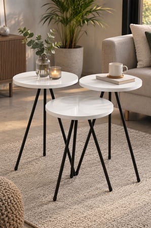 SuloraHome 3'lü Beyaz Zigon Sehpa Takımı Siyah Metal Ayaklı