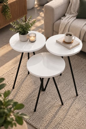 SuloraHome 3'lü Beyaz Zigon Sehpa Takımı Siyah Metal Ayaklı
