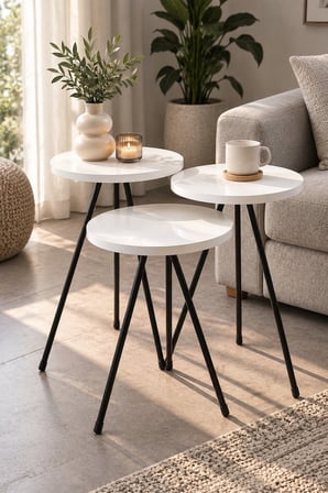 SuloraHome 3'lü Beyaz Zigon Sehpa Takımı Siyah Metal Ayaklı