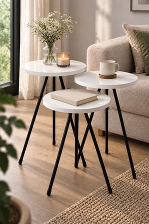 SuloraHome 3'lü Beyaz Zigon Sehpa Takımı Siyah Metal Ayaklı