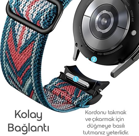 One-Click Elastik Bohem Serisi 20mm Kordon Samsung ile Uyumlu Galaxy Watch 7/6/5/4/FE Serisi İçin Kumaş Kayış (40mm/44mm) Watch 6/4 Classic (47/43/42mm) ve Watch 5 Pro 45mm Uyumlu