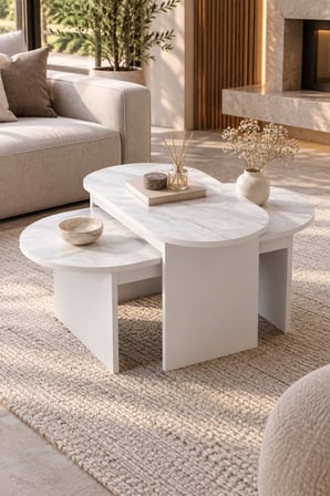 SuloraHome Mermer Desenli Beyaz İkili Orta Sehpa Takımı