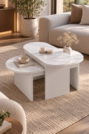 SuloraHome Mermer Desenli Beyaz İkili Orta Sehpa Takımı