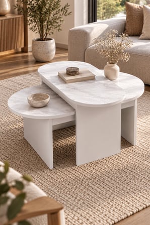 SuloraHome Mermer Desenli Beyaz İkili Orta Sehpa Takımı