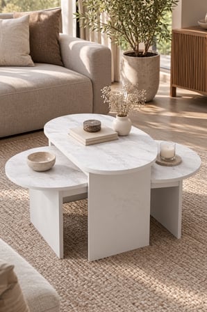 SuloraHome Mermer Desenli Beyaz İkili Orta Sehpa Takımı