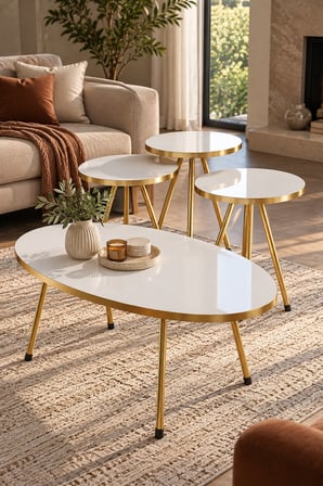 SuloraHome Gold Oval Sehpa Seti Beyaz ve Gold Metal Ayaklı 4'lü Set