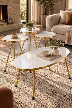 SuloraHome Gold Oval Sehpa Seti Beyaz ve Gold Metal Ayaklı 4'lü Set