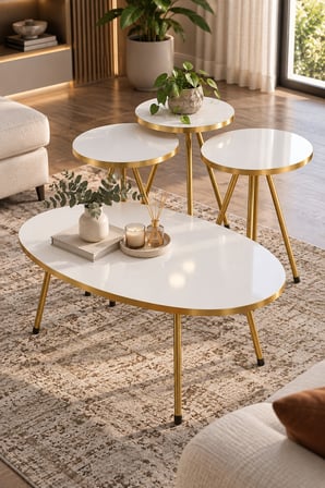 SuloraHome Gold Oval Sehpa Seti Beyaz ve Gold Metal Ayaklı 4'lü Set