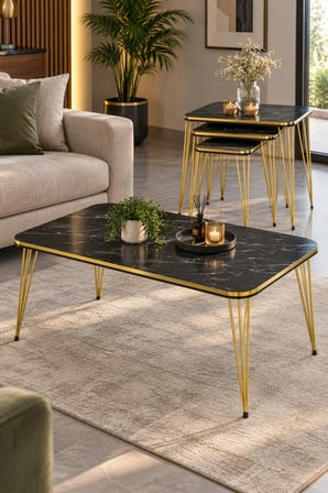 SuloraHome Siyah ve Gold Metal Ayaklı 4'lü Sehpa Seti