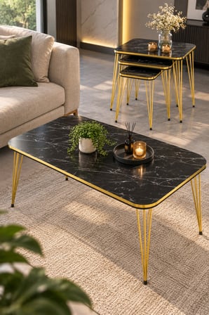 SuloraHome Siyah ve Gold Metal Ayaklı 4'lü Sehpa Seti