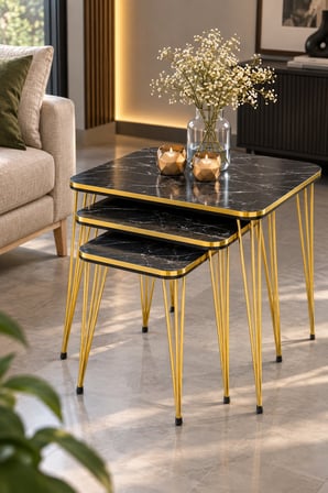 SuloraHome Siyah ve Gold Metal Ayaklı 4'lü Sehpa Seti